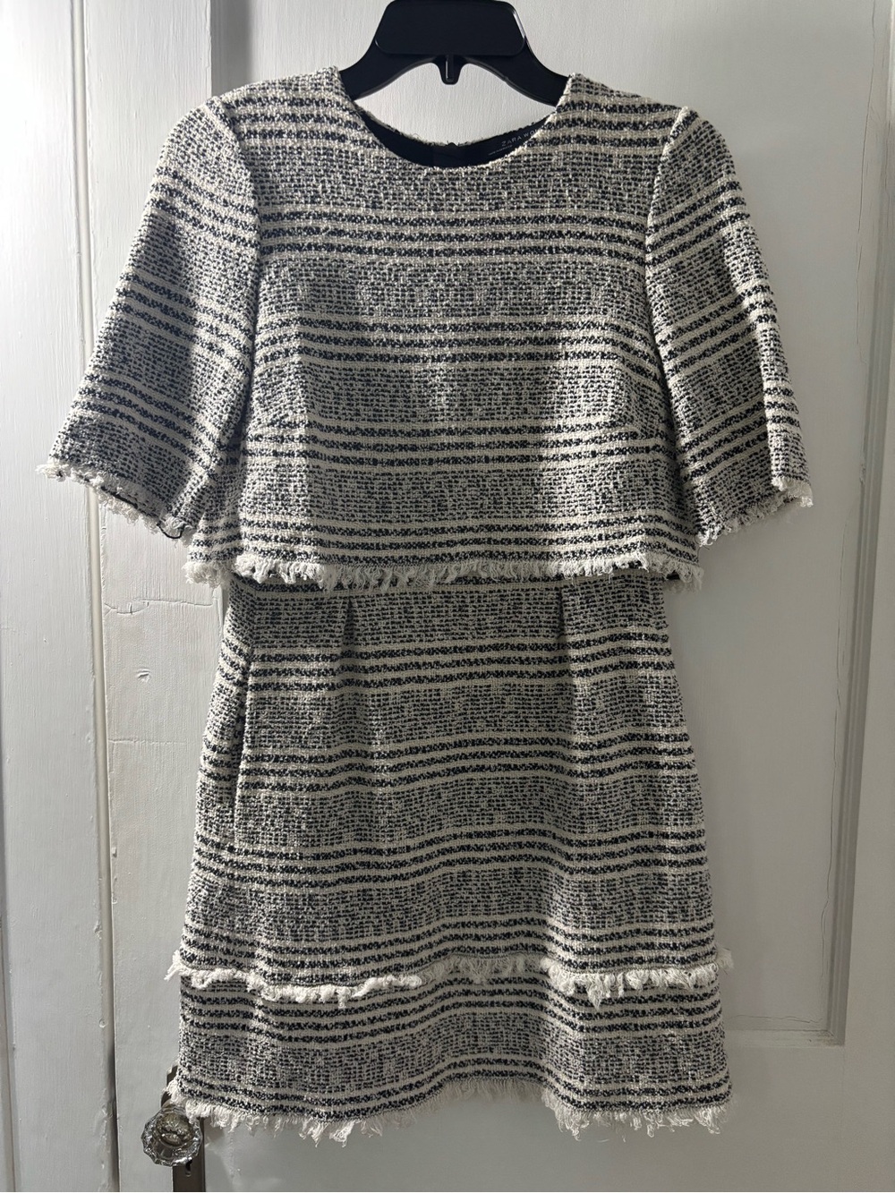 Zara Black and Cream Tweed Dress with Pockets